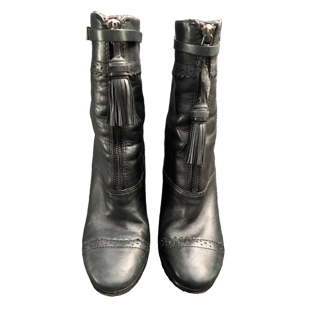 Tory Burch Black Leather Huxley Tassel Ankle Boots Block Heel Women Size 8